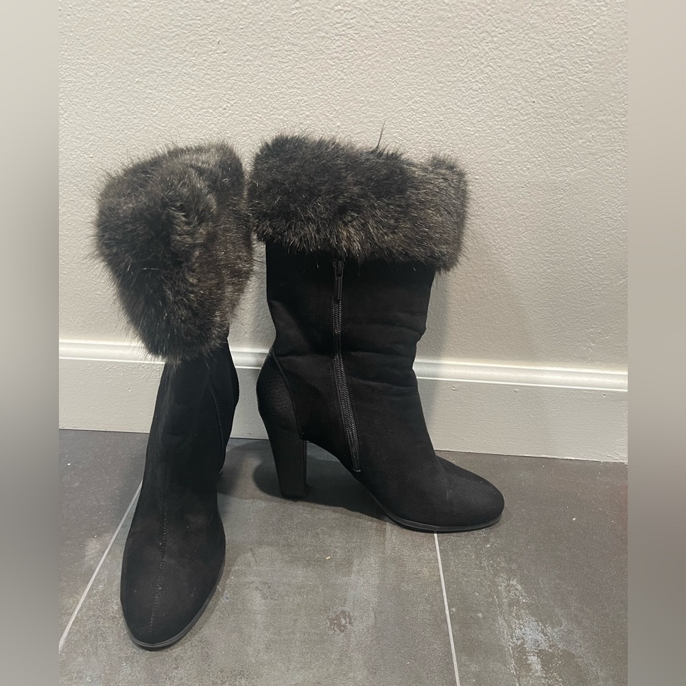 Impo Black Knee Length Boots with Faux Fur Trim